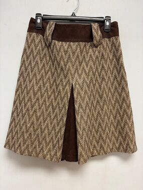 ETCETERA Brown Herringbone Wool Blend Skirt | Leather Trim | Size 6